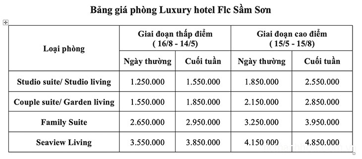 giá phòng khách sạn luxury hotel flc sầm sơn